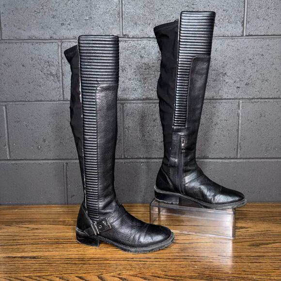 BCBGeneration Over the Knee Black Leather Boots Women’s 7 Lug Sole Stretch Tall - Picture 2 of 8